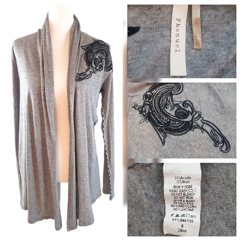 Phanuel Embroidered‎ Wool Blend Open Front Cardigan S Lagenlook Fall